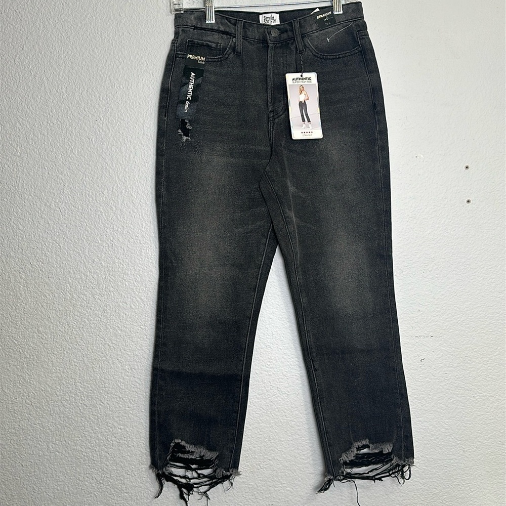 Simple Society Straight Super High Rise‎ Distressed Denim Jeans Size 7/28 NWT